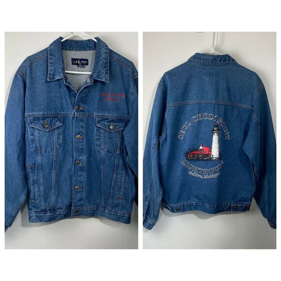 Denim Jean Jacket Blue Seul Choix Point Lighthouse Gulliver Michigan Sz M - Picture 1 of 8